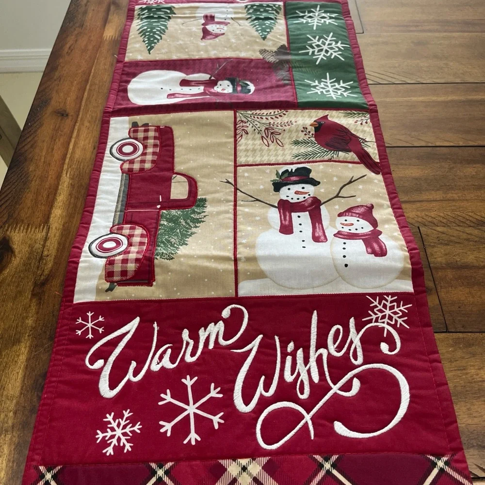 St. Nicholas Square Patchwork Snowman‎ Red Truck Snow Table Runner 13 x 36